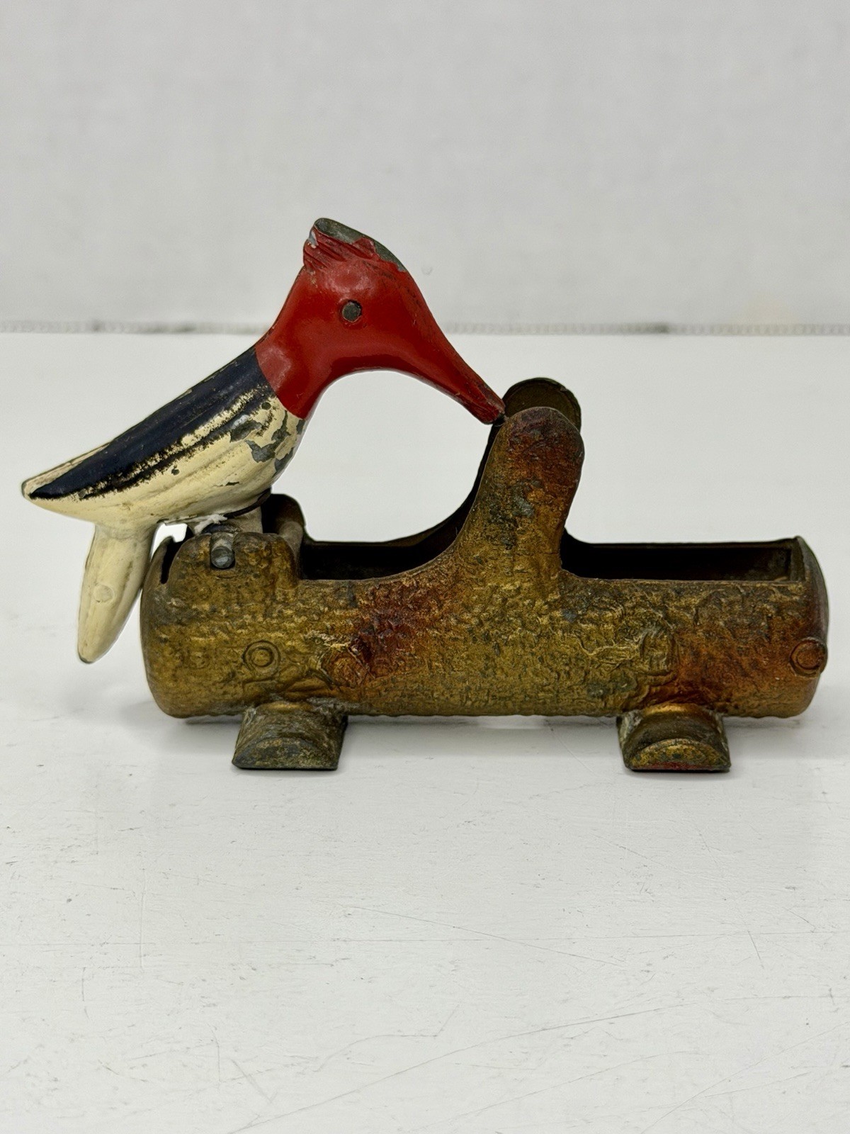 Vintage 1950s Mechanical Woodpecker on Log Toothpick Holder Dispenser Cast Metal