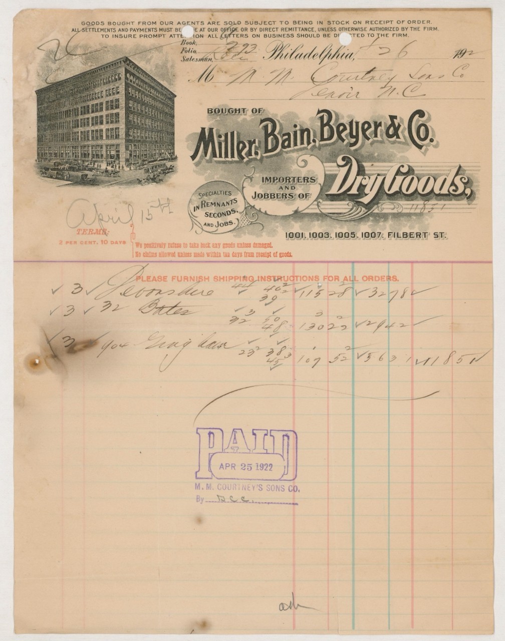 Antique Historical Document 1908 Miller, Bain, Beyer & Co Dry Goods Philadelphia