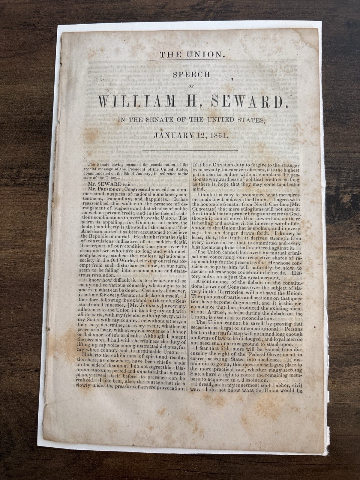 1861 William H. Seward The Union Speech Secession Civil War Senate Pamphlet