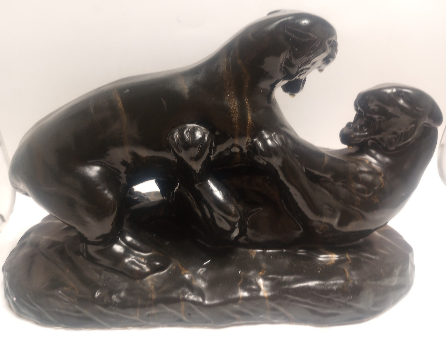 Vintage MCM Glazed Ceramic Fighting Black Panthers Lamp Sculpture 16