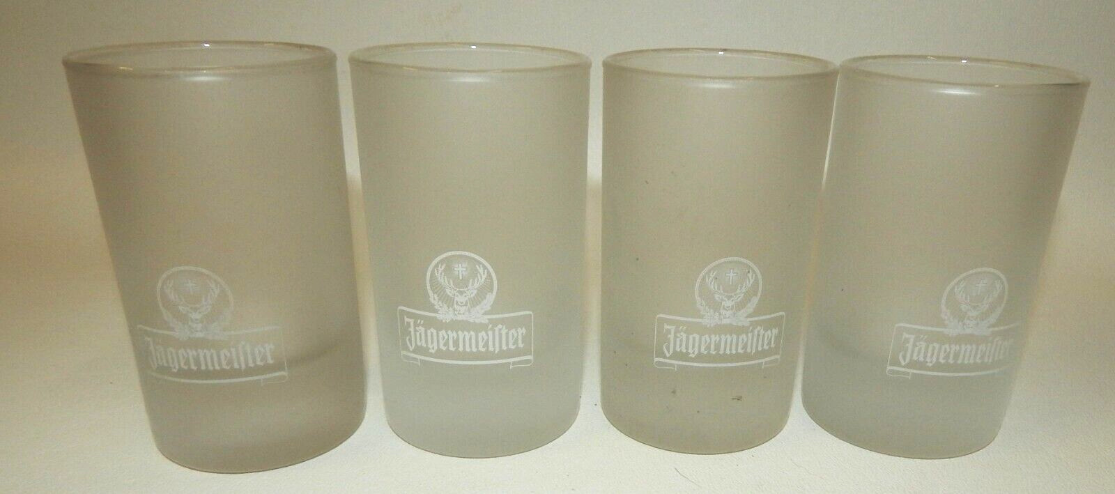 Set 4 Frosted Glass Jagermeister with Embossed Logo - Vintage Barware