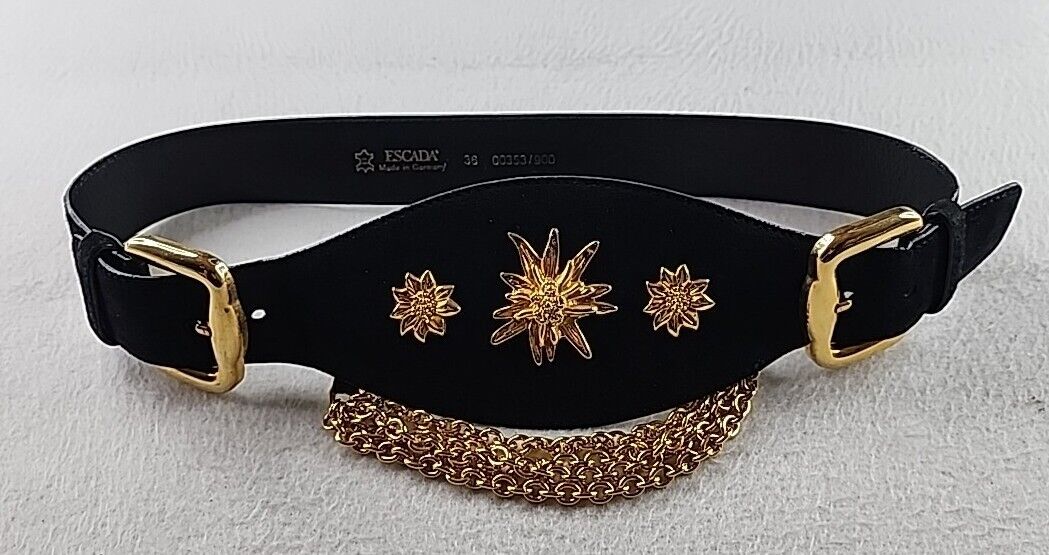 Vintage Escada Black Suede Leather Belt Goldtone Chain  Size 36  00353/900