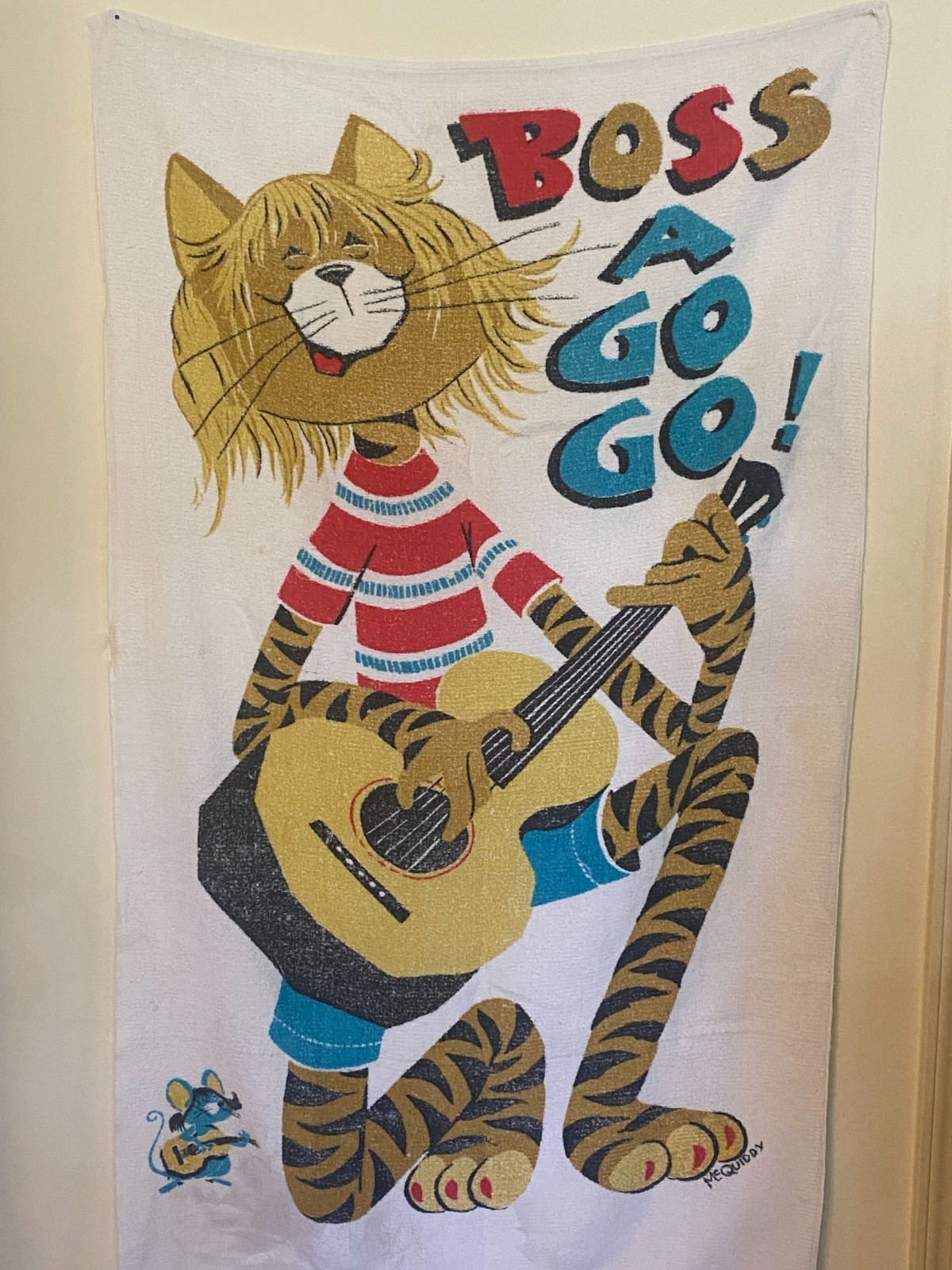 Vintage 60s/70s large  beach towel with BOSS A GO GO art by Vernon McQuiddy