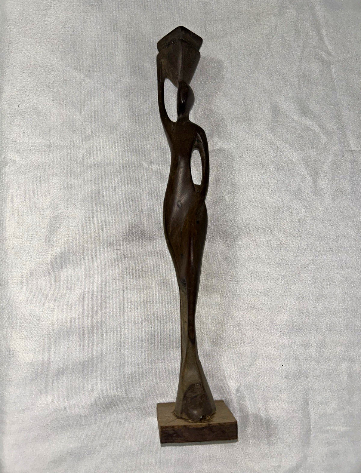 Vintage Hand Carved African Wooden Shadow Figure Woman Carrying Pot Water Bearer