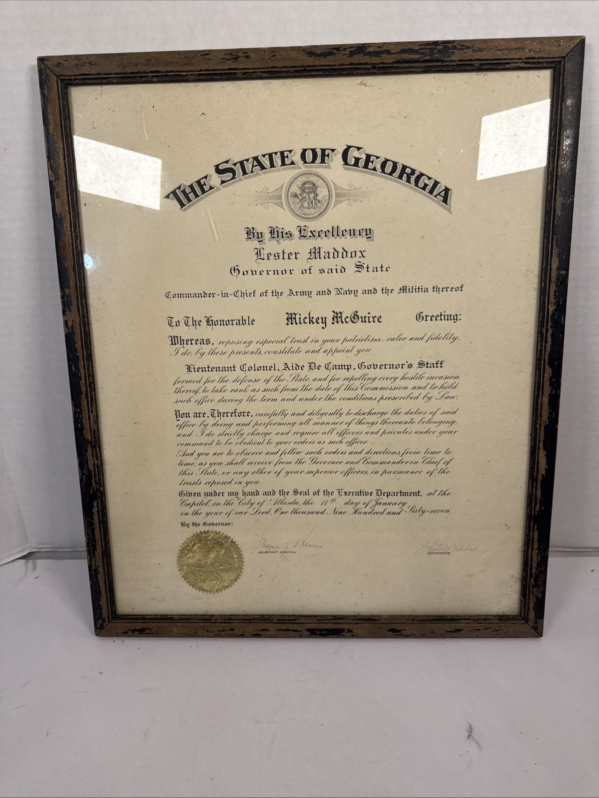 1962 State of Ga. Certificate Signed by Governor Lester Maddox Framed 15x18”