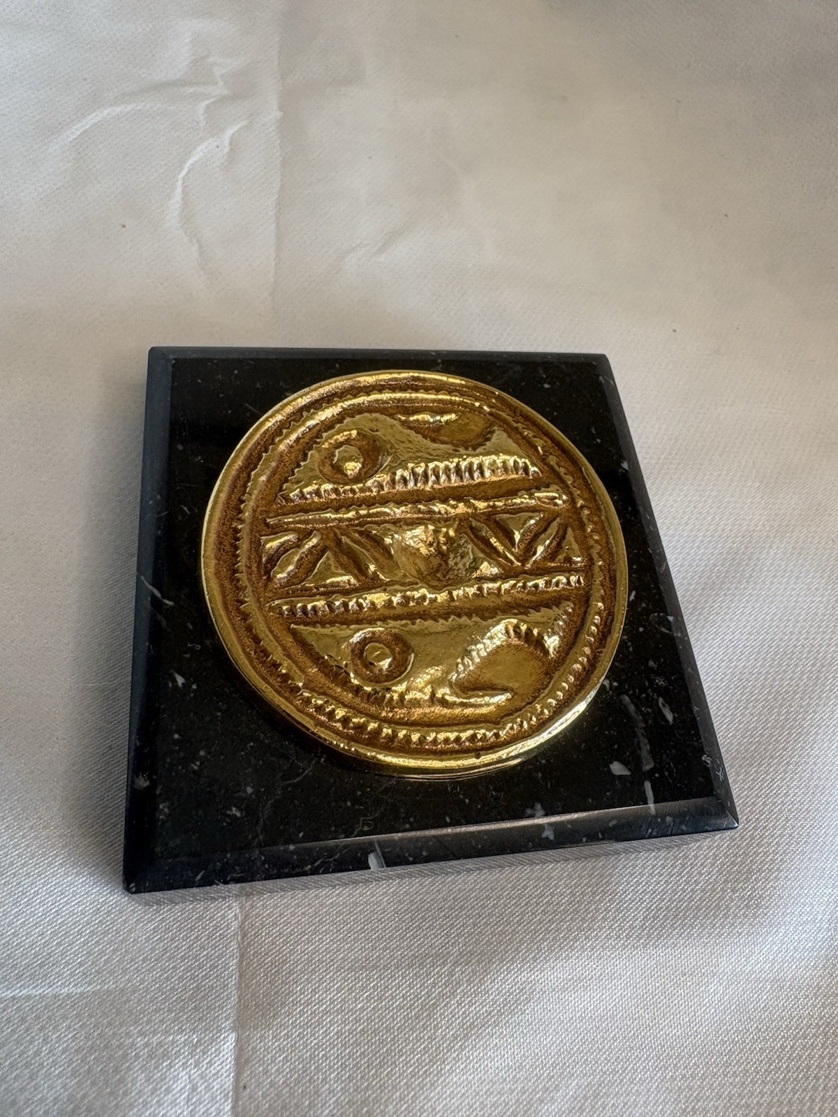 Vintage Greek Benaki Museum Gold Medallion Marble Paperweight - Ifantis Signed
