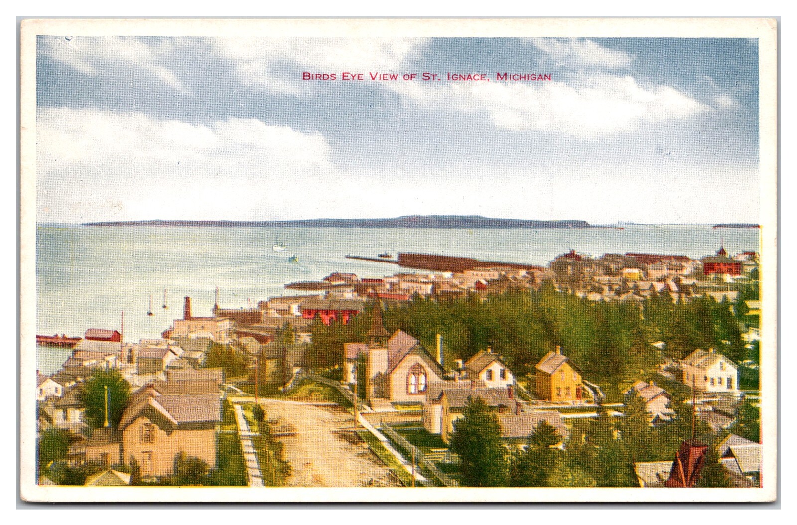Bird\'s Eye View Of St. Ignace MI Aerial View Boat Church Pier