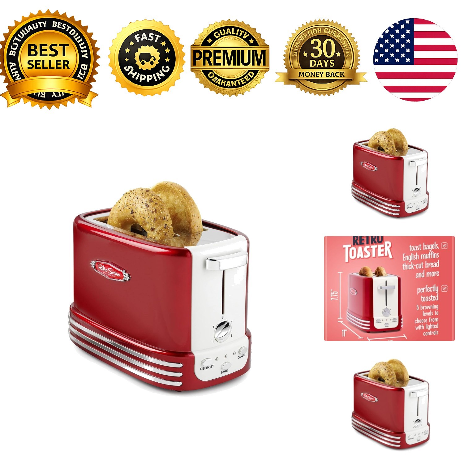 Wide 2-Slice Toaster Red Vintage Design Crumb Tray Cord Storage 5 Levels