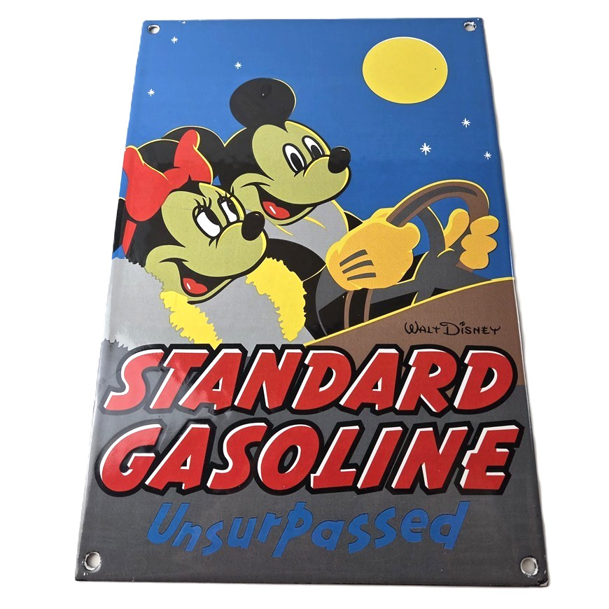 Vintage Standard Gasoline Sign - Mickey Minnie Porcelain Walt Disney Gas Sign