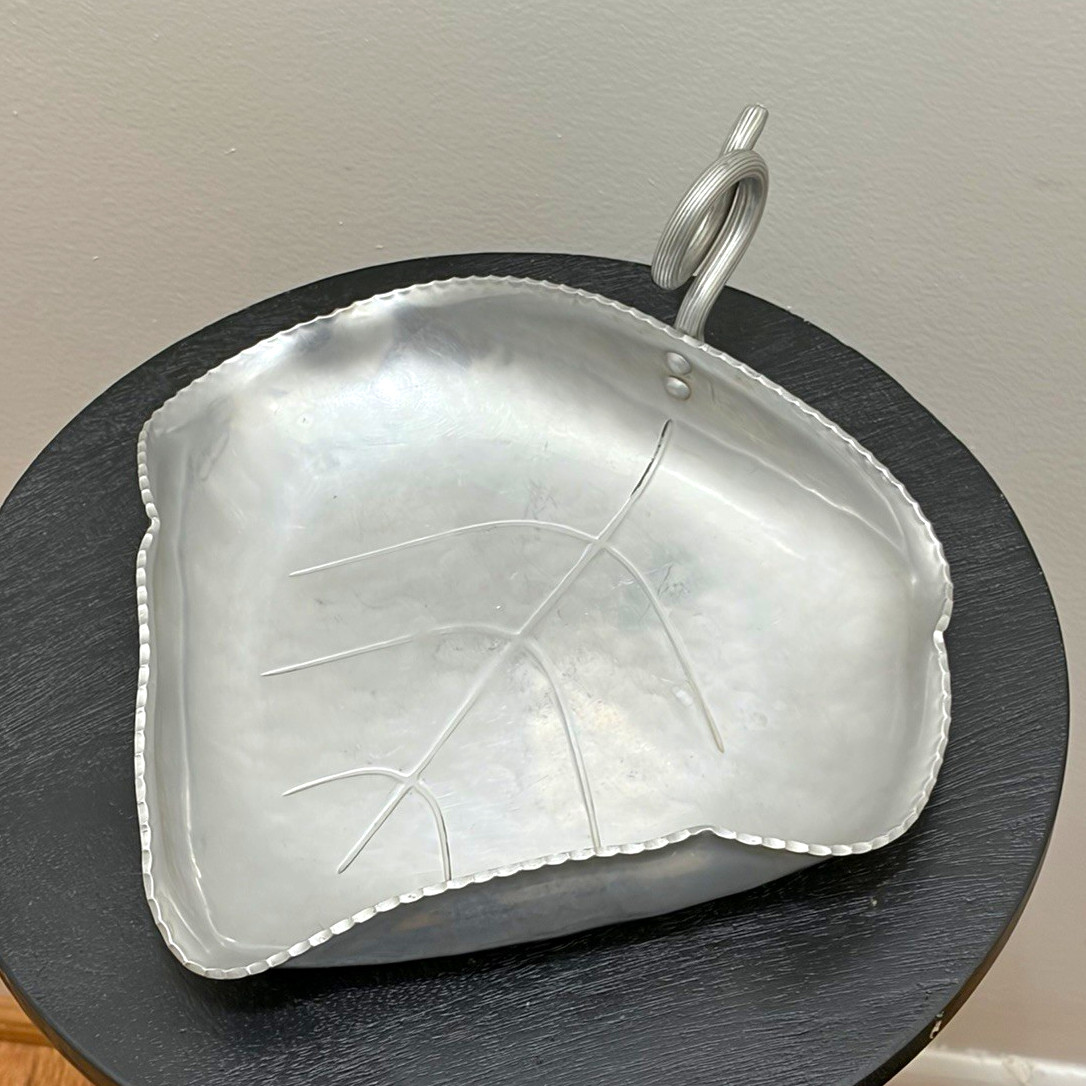 Vintage B.W. Buenilum Hand Aluminum Leaf Tray Leaf Dish Vine Handle 1950s 