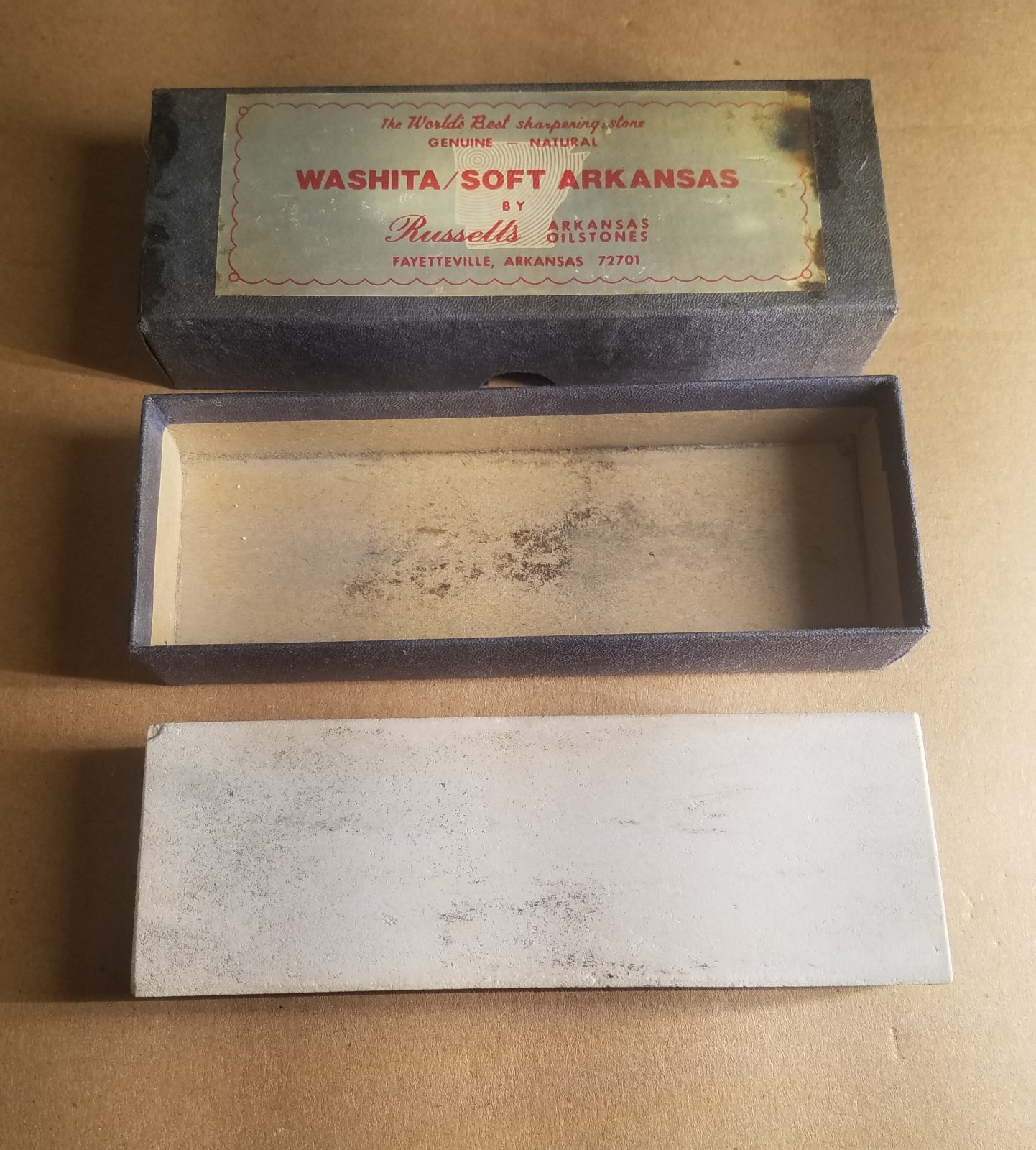 Vintage Washita Soft Arkansas Sharpening Stone Russell’s W/Original Box Rare
