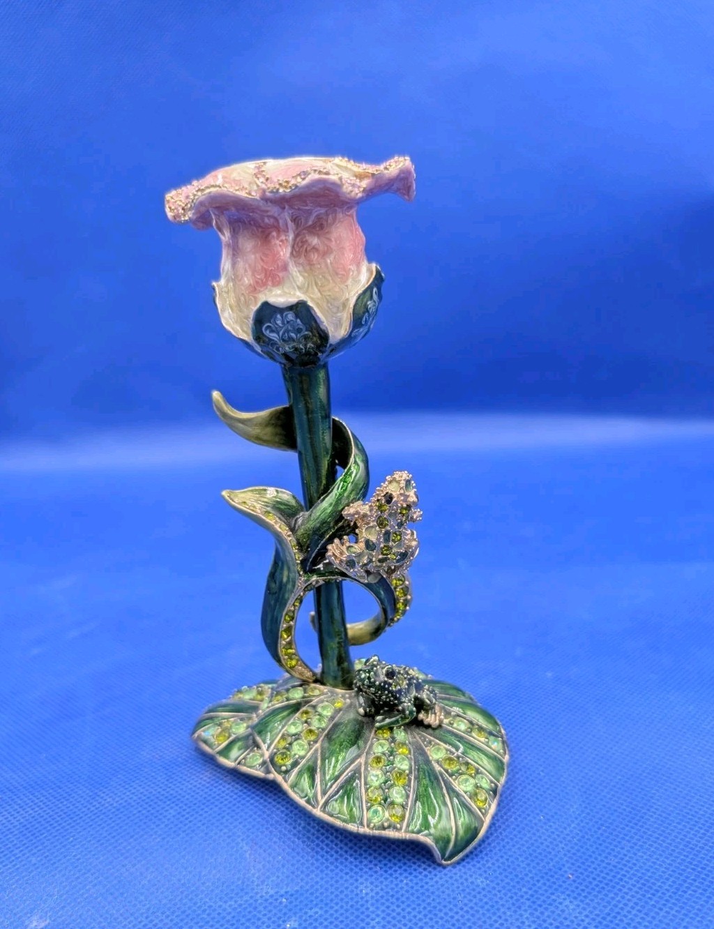 Bejeweled Floral Metal with Rhinestones & Enamel Candlestick Holder