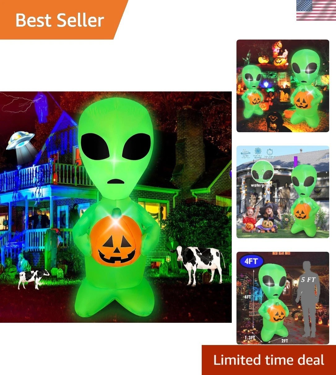 Enchanting 4FT Inflatable Alien with Pumpkins - Brighten Your Halloween Yard
