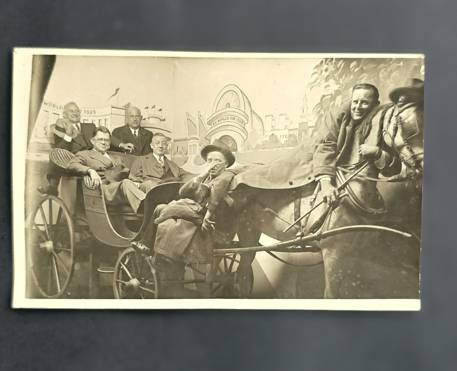 1939 New York World\'s Fair RPPC Men Horse Carriage Comic Real Photo Postcard