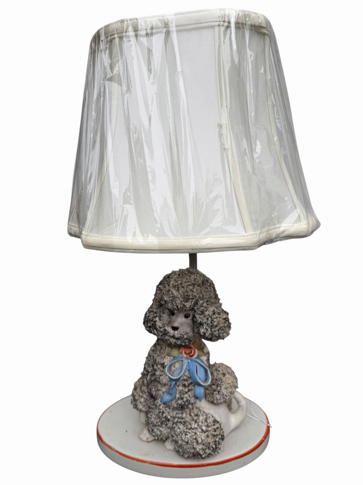 Vintage 1950s Gray Poodle Dog Ceramic Figurine Table Lamp Blue Bow Rose Shade
