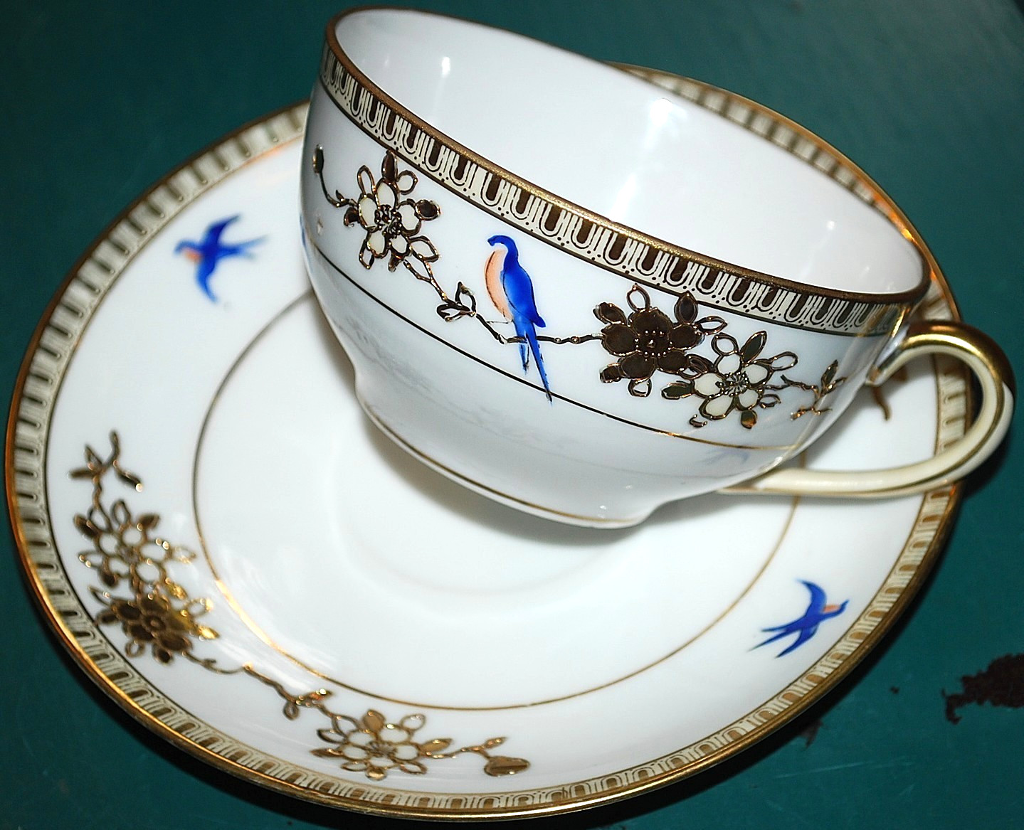 Vtg NORITAKE M MORIAGE GOLD Teacup & Saucer 16665 HAND PAINTED BLUEBIRDS c1922