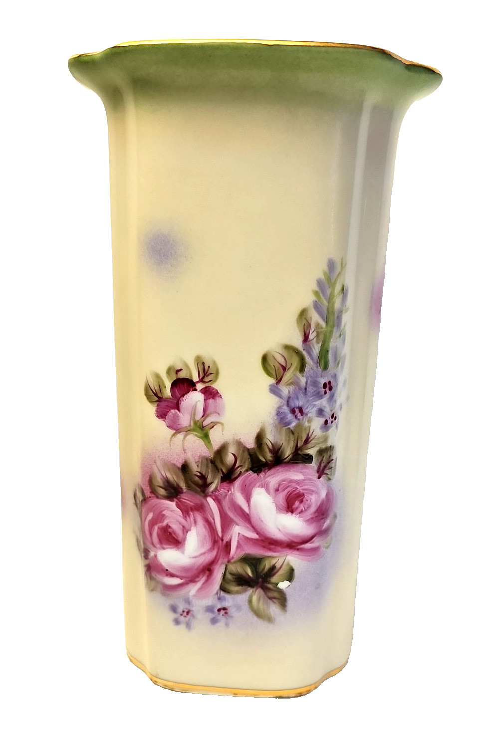 Beautiful 8” VTG Hand Painted Pink Roses  Flowers Square Porcelain Vase Gold Rim