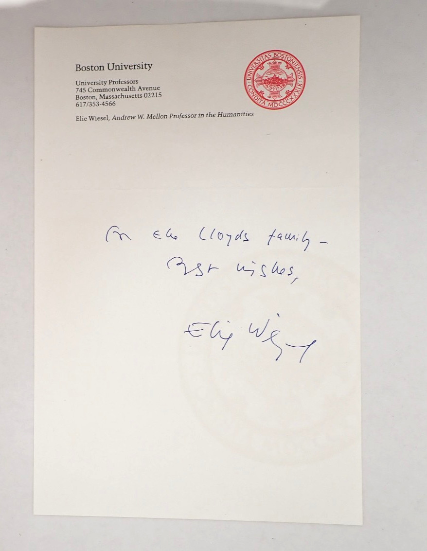 Elie Wiesel Signed Inscribed Note Boston University Letterhead Autograph Nobel