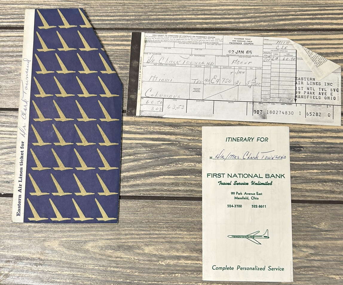 Vintage January 1965 Eastern Air Lines Ticket and Itinerary 