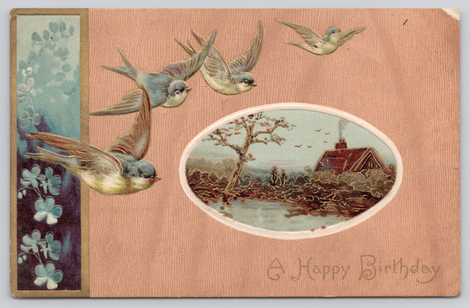 Antique Birthday Postcard Swallows Birds Cottage Embossed Germany c1910