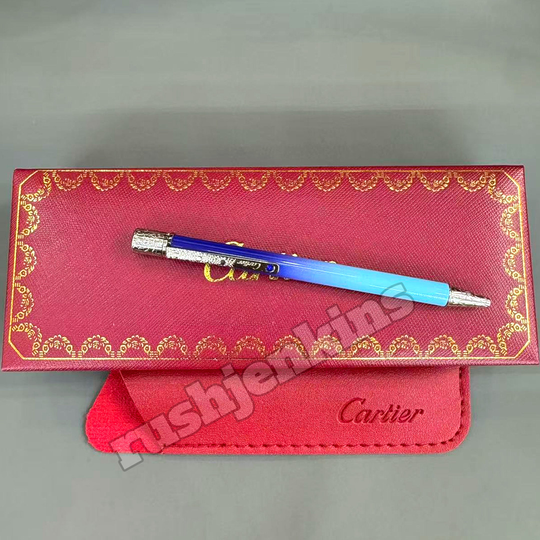 CARTIER Ballpoint Pen Blue Ombre Finish Silver Engraved Trim w/ Box & Pouch