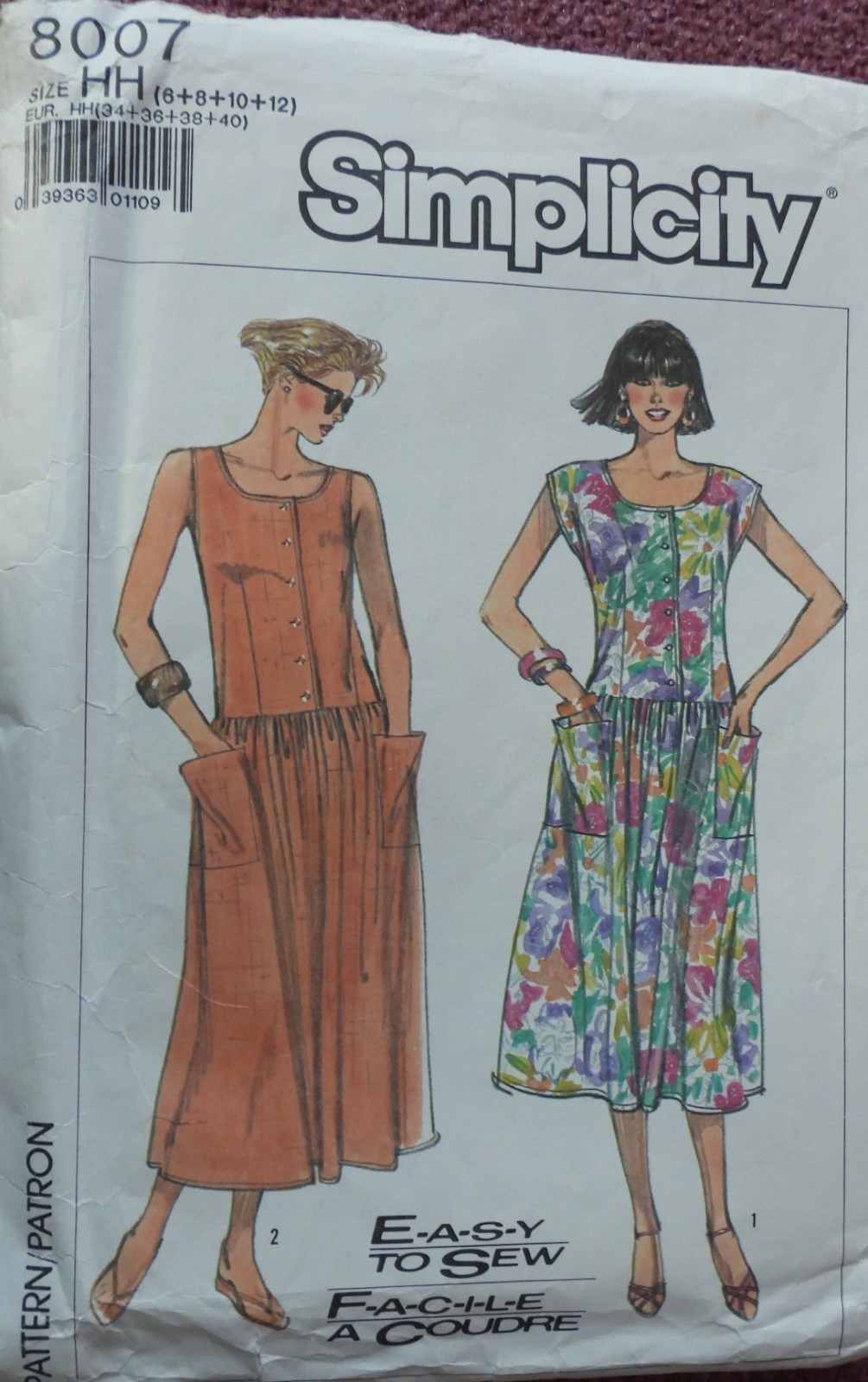 Vtg 1980s Simplicity 8007 Dropped Waist Dress SEWING PATTERN 6-12 FF UnCUT