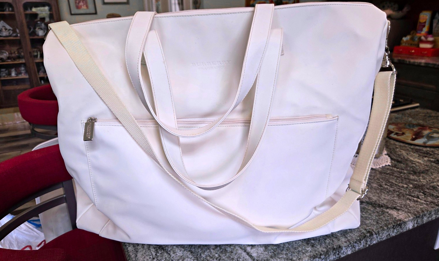 Burberry Fragrance Cream  colored Overnight Bag / Zip Closure & Shoulder Strap