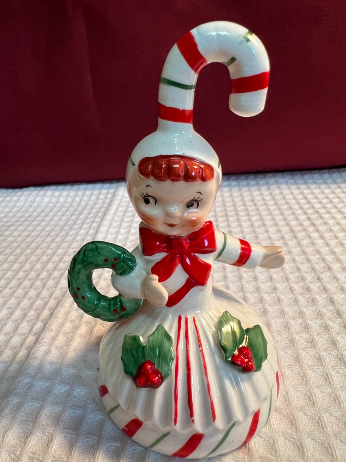 Vtg Lefton Candy Cane Red Striped Bell Girl Signed Stickered Rare See Desc.