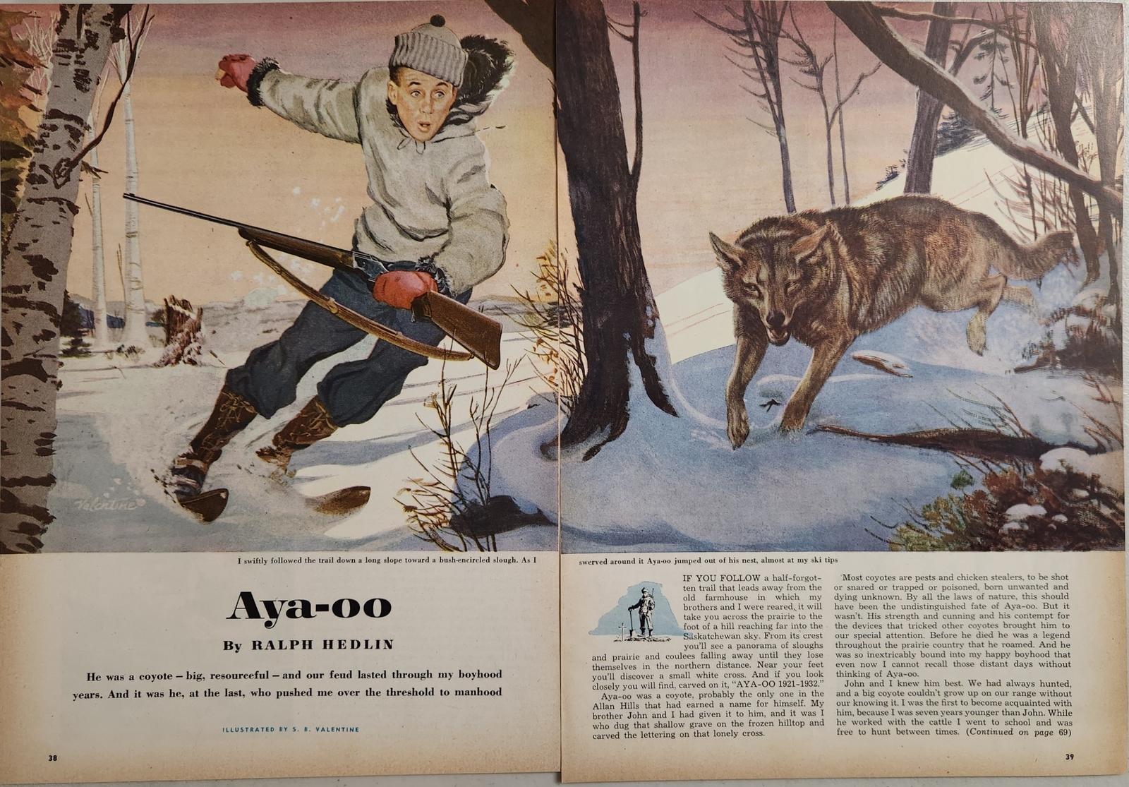 1956 Magazine Picture Coyote & Boy in Snow Illustrated by S.B. Valentine 