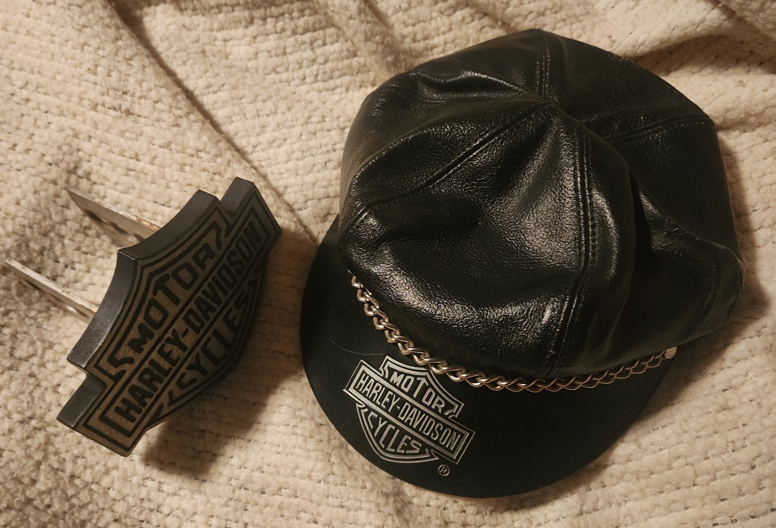 Vintage Harley Davidson leather hat and Harley Davidson ball hitch cover