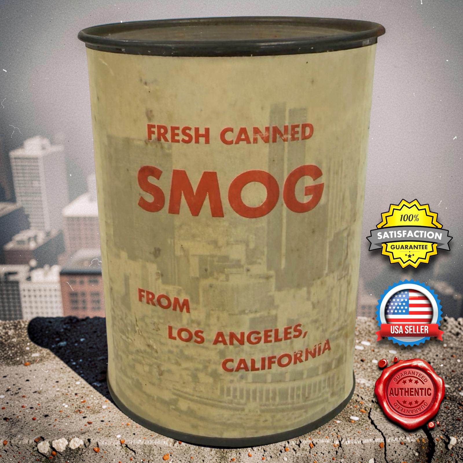 Vintage 1950s Los Angeles Fresh Canned Smog Gag Gift Novelty Tin Can Souvenir Vintage 1950s Los Angeles Fresh Canned Smog Gag Gift Novelty Tin Can Souvenir