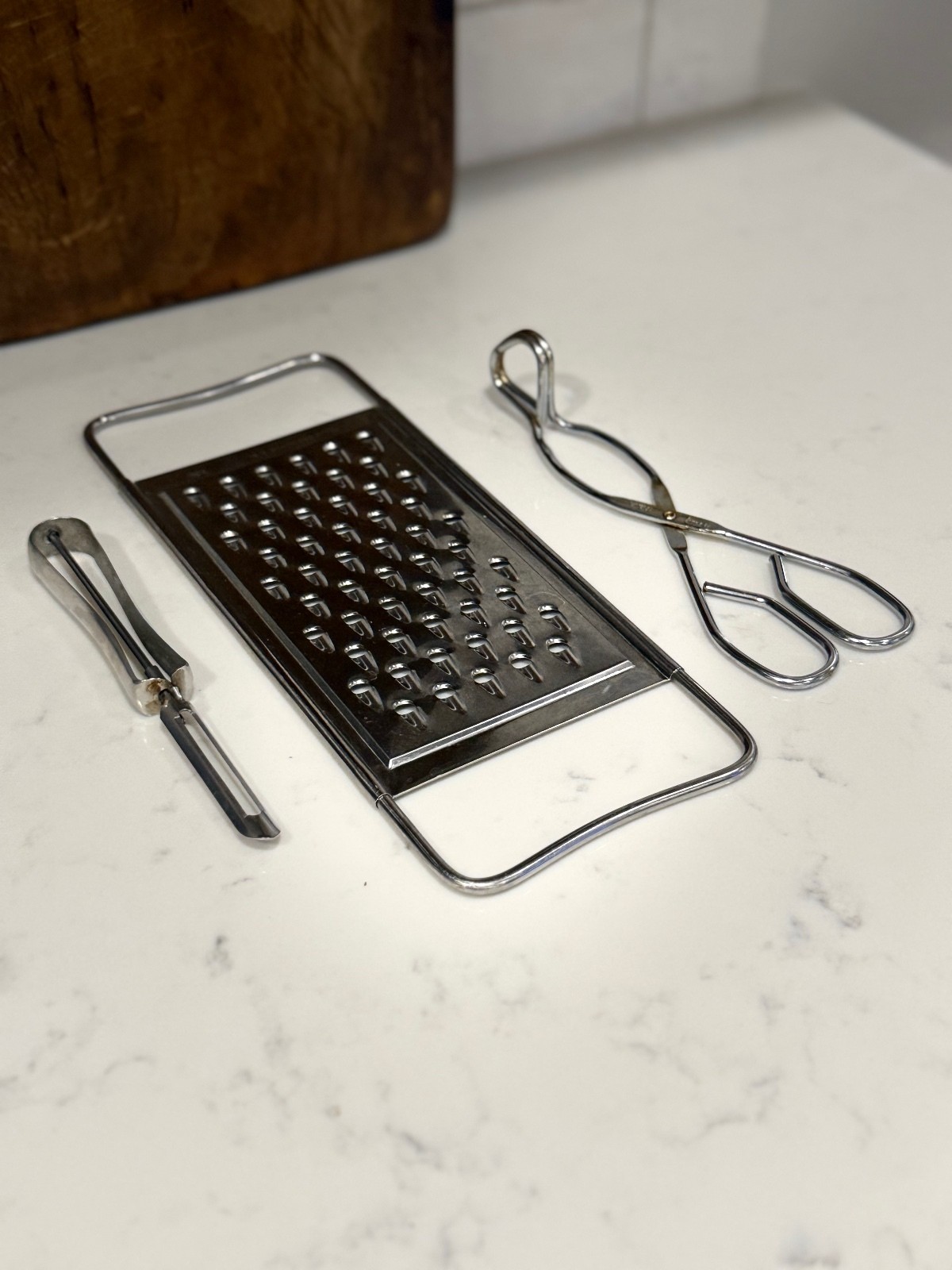 Vintage Kitchen Utensil Lot Grater Tongs and Peeler