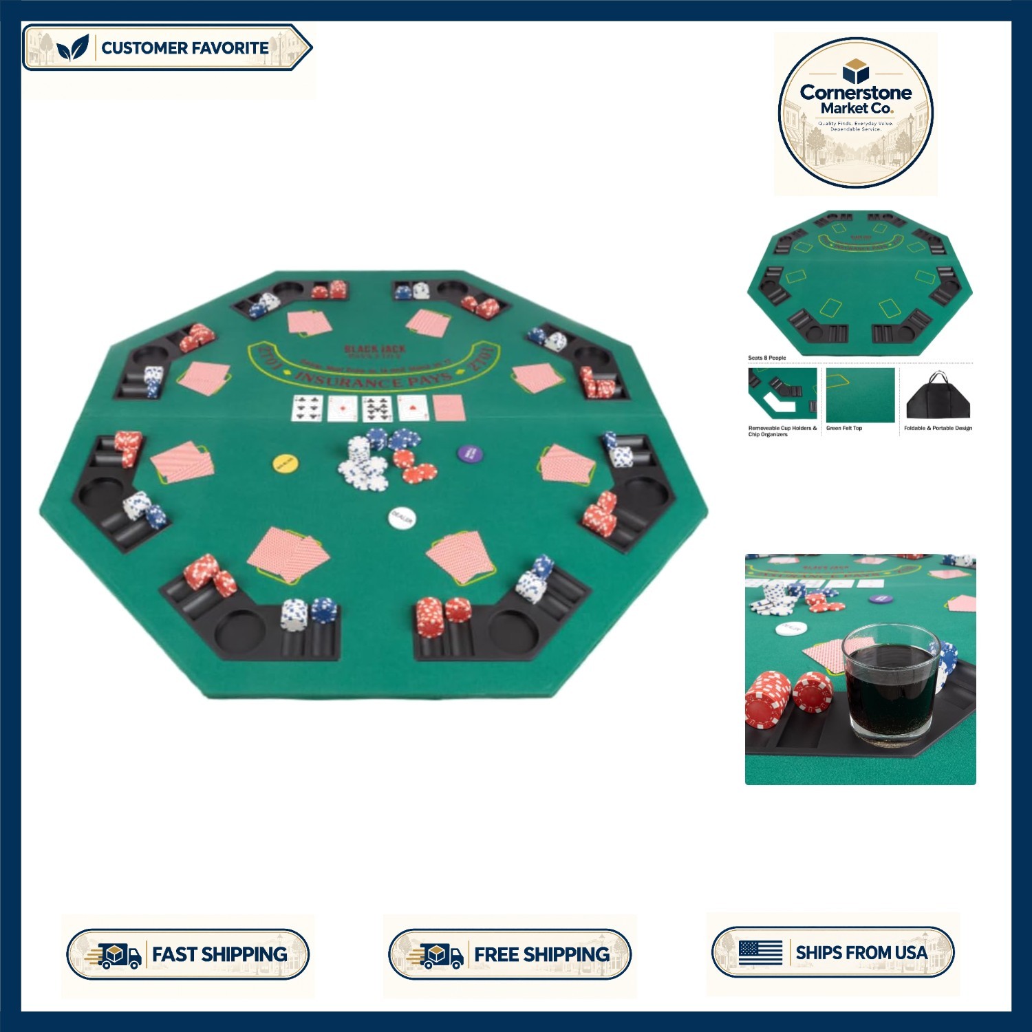 48-Inch Folding Poker Table Top – Solid Wood with Cup Holders & Chip Trays