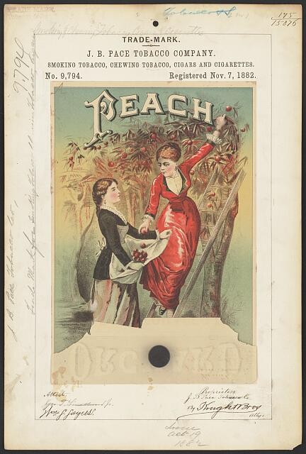 Photo:J B Pace Tobacco Co Peach Orchard Trademark 1882 Peach Tobacco Label