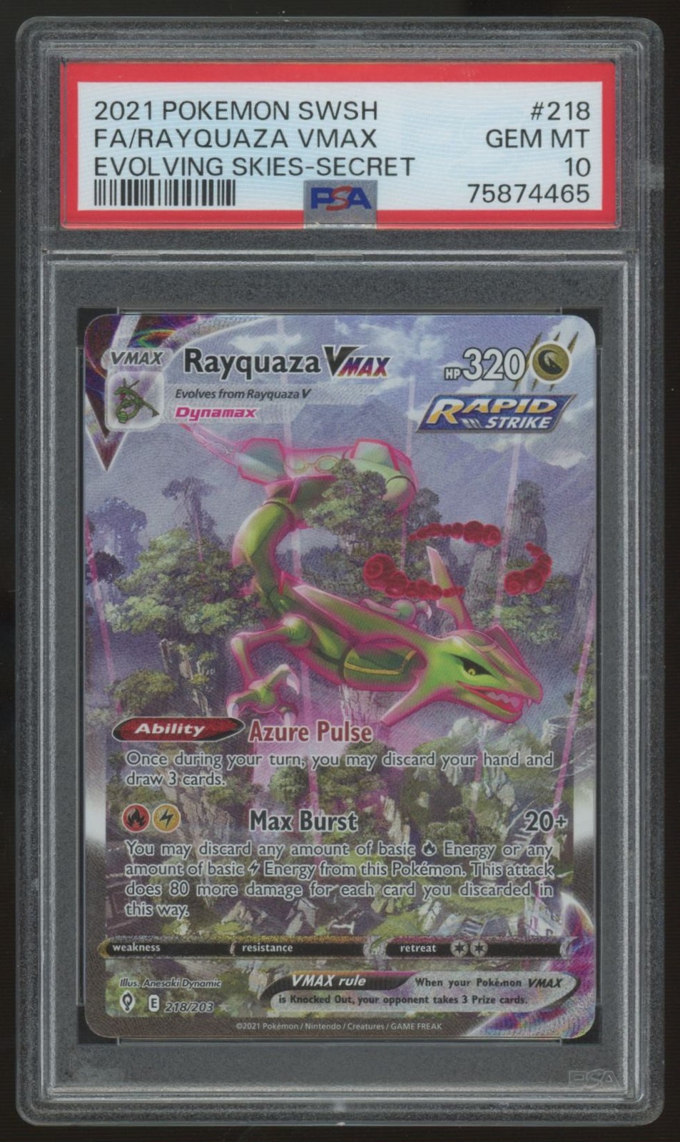 2021 Pokemon Rayquaza VMax Evolving Skies Secret Rare #218 PSA 10 *READ*