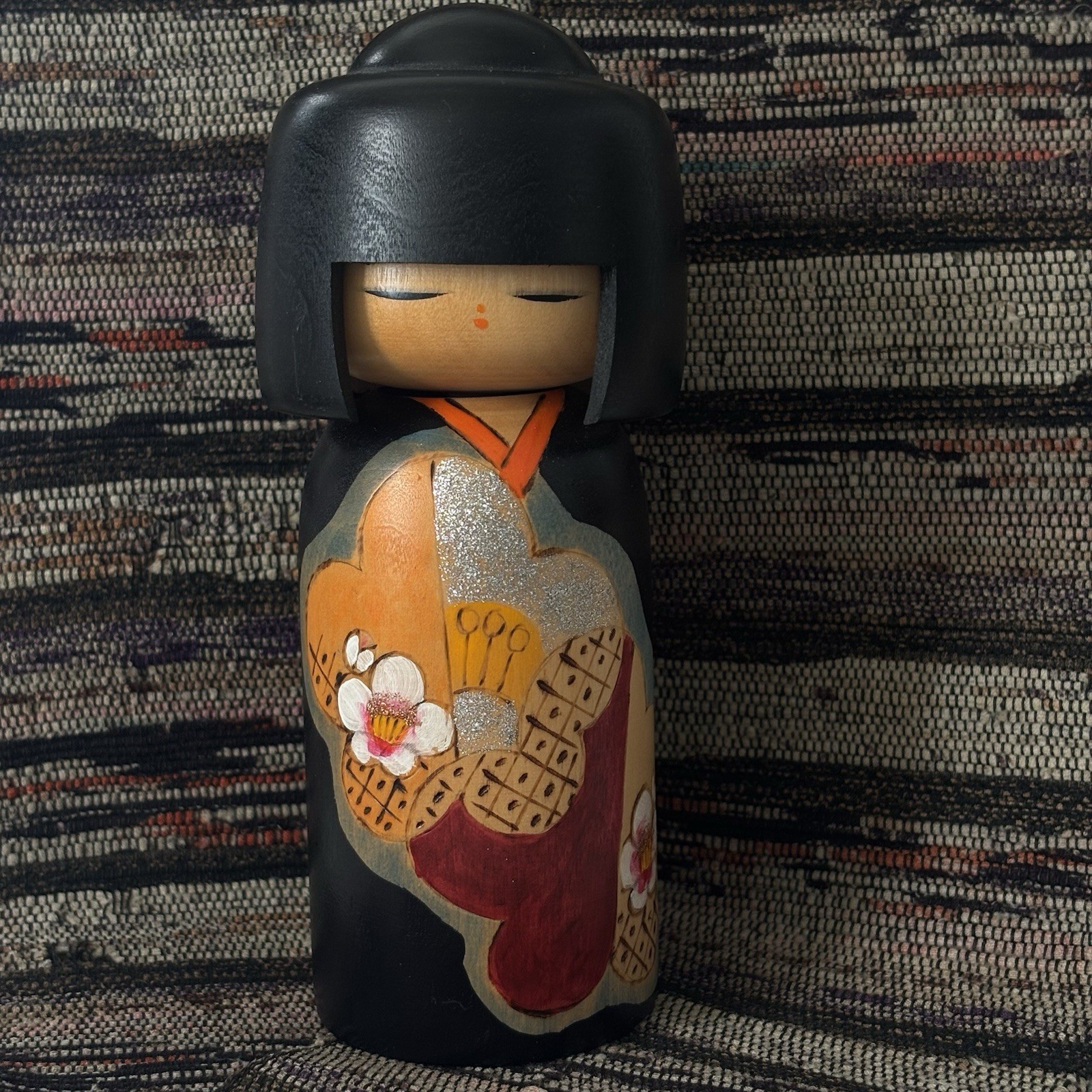 Vintage Japanese Creative Sosaku Kokeshi Doll w Floral Motif 6 3/4 Inches