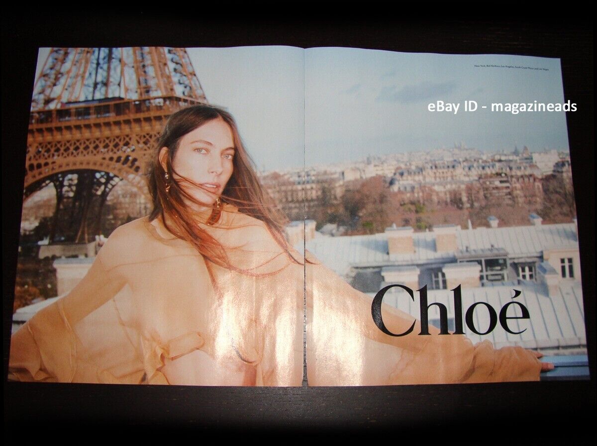 CHLOE 2-Page PRINT AD Spring 2024 JESSICA MILLER in front of Eiffel Tower PARIS