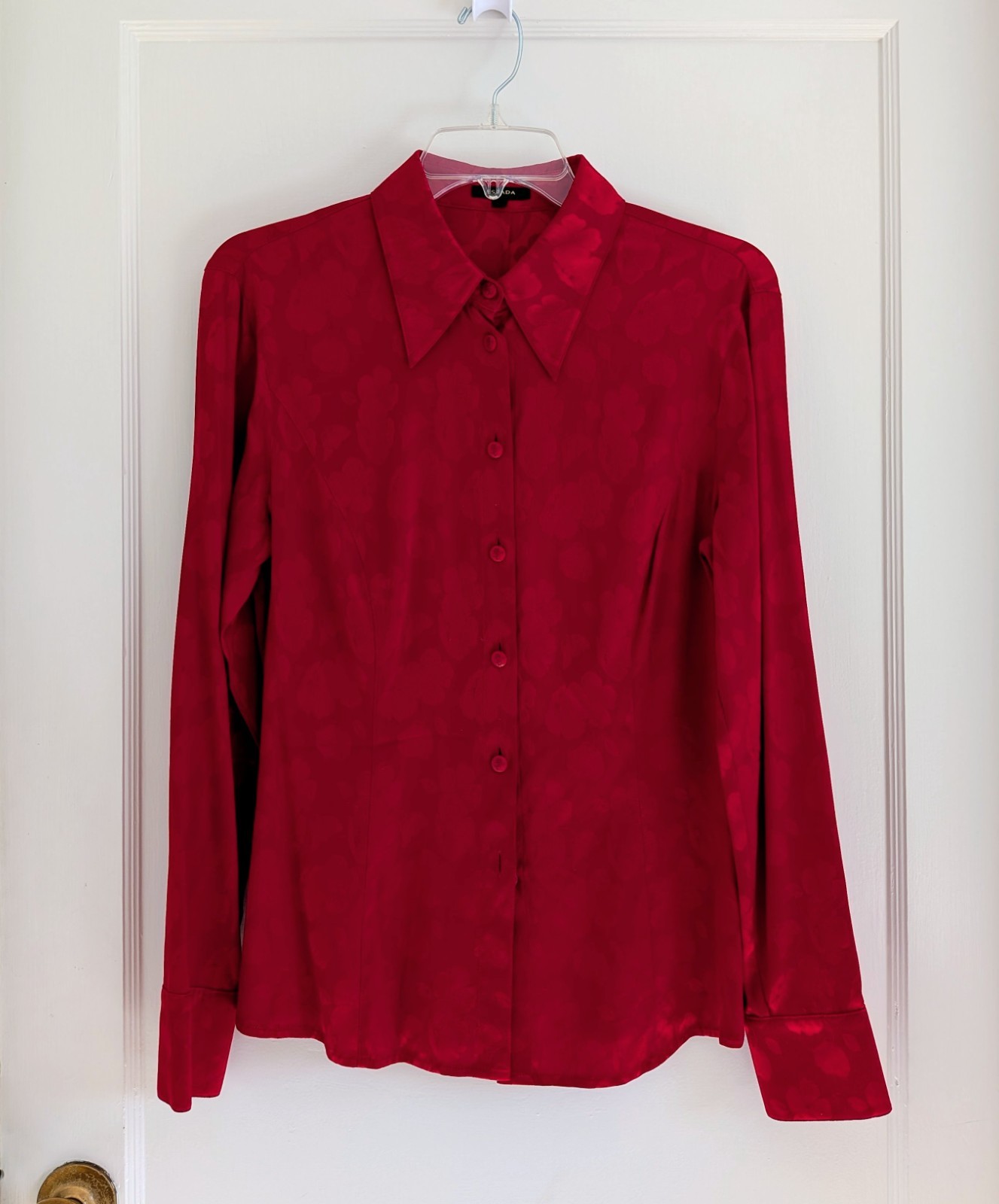 Escada Vivid Red Silk Brocade Floral Button Blouse Size 36