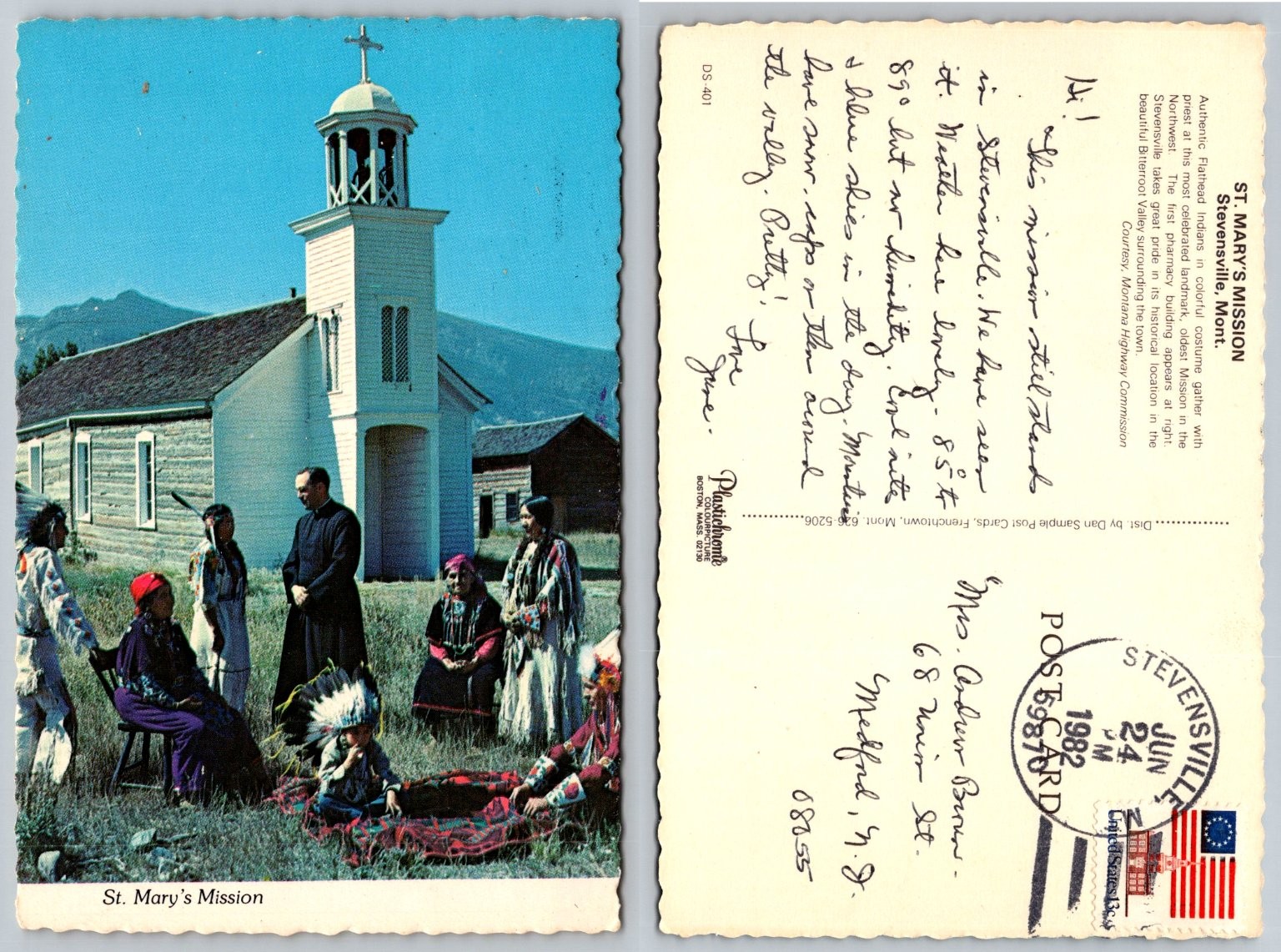 St. Mary\'s Mission Stevensville MT Flathead Indians Priest 1982 Postcard
