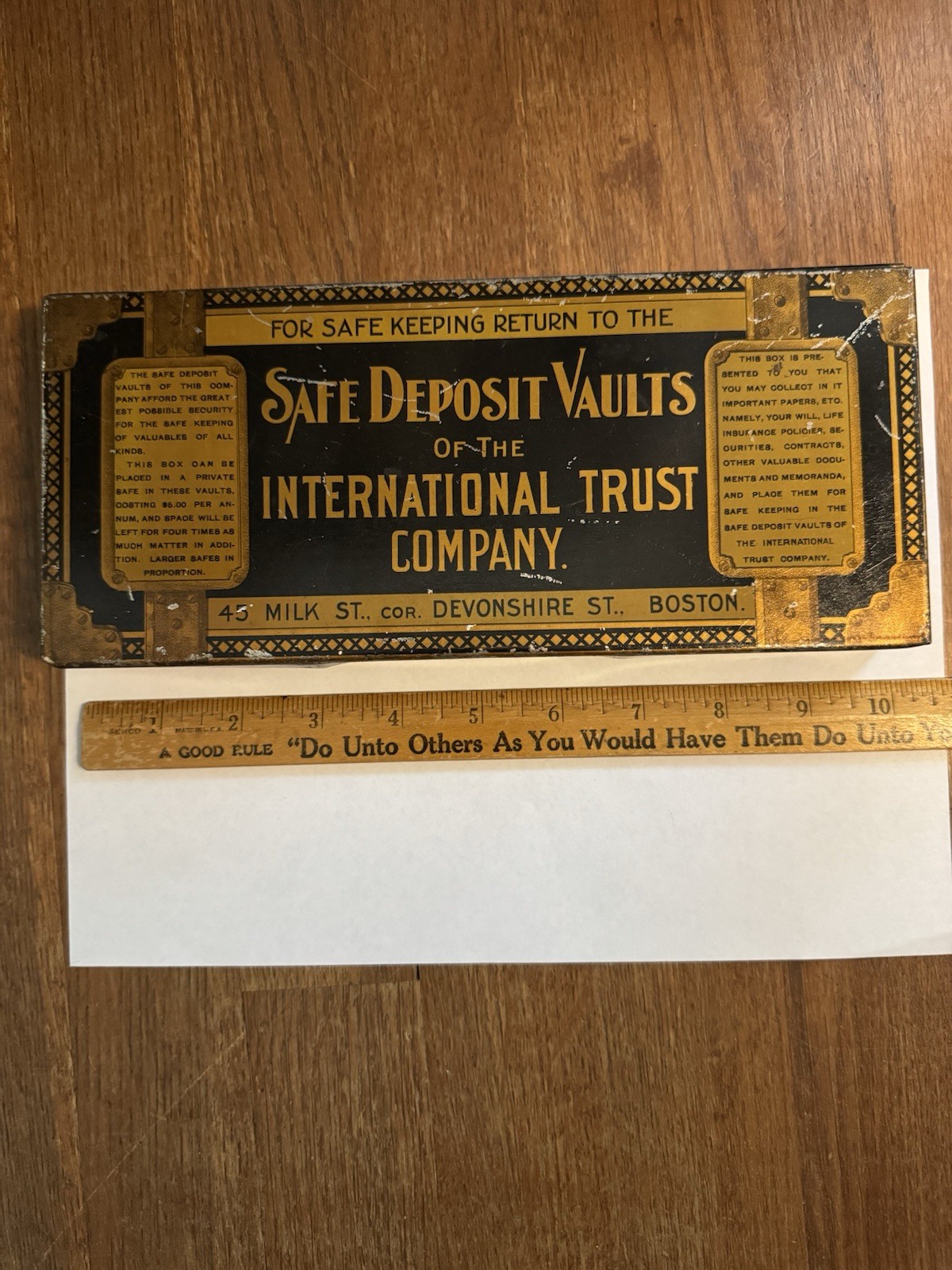 Antique International Trust Co Boston Safe Deposit Vault Advertising Tin Box