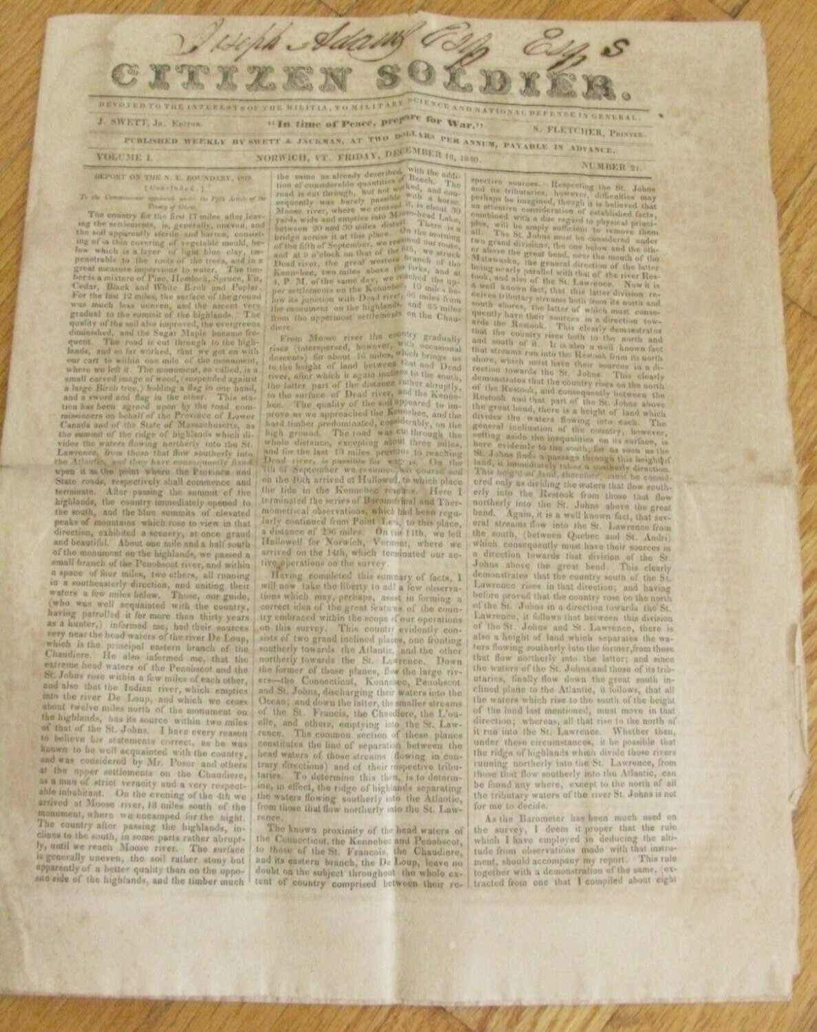 NORWICH VERMONT 1840  NEWSPAPER 