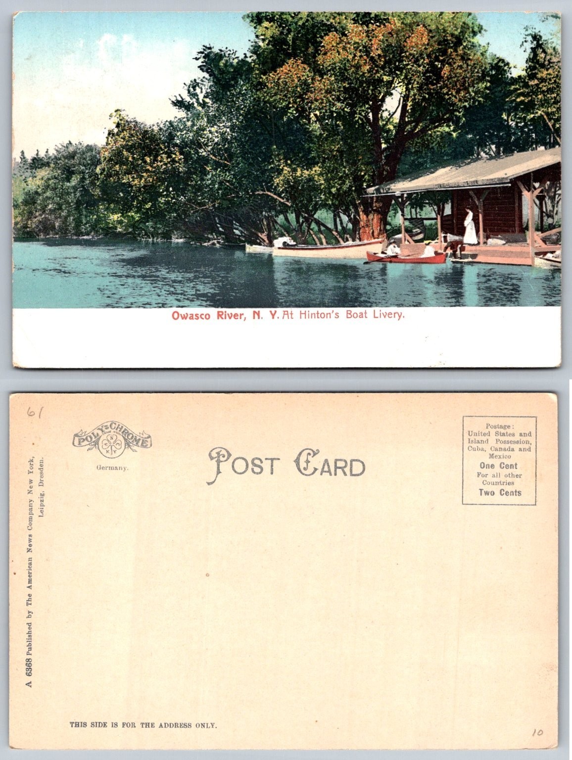 Vintage Owasco River NY Hinton's Boat Livery Polychrome Postcard A 6368
