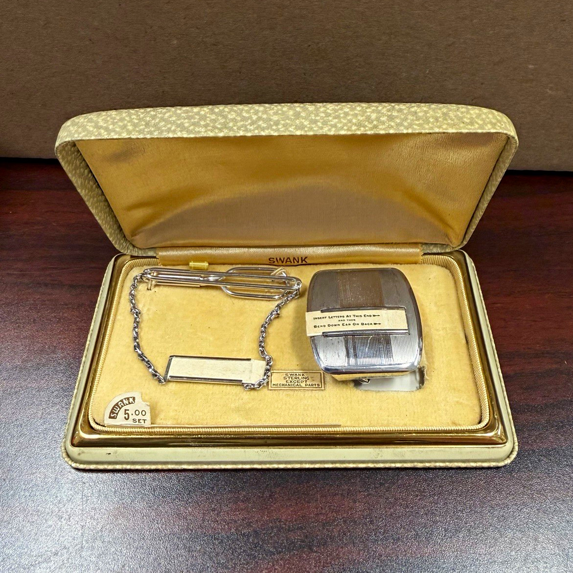 Vintage 1940s Swank Sterling Silver Tie Clip Chain & Belt Buckle Boxed Set New O