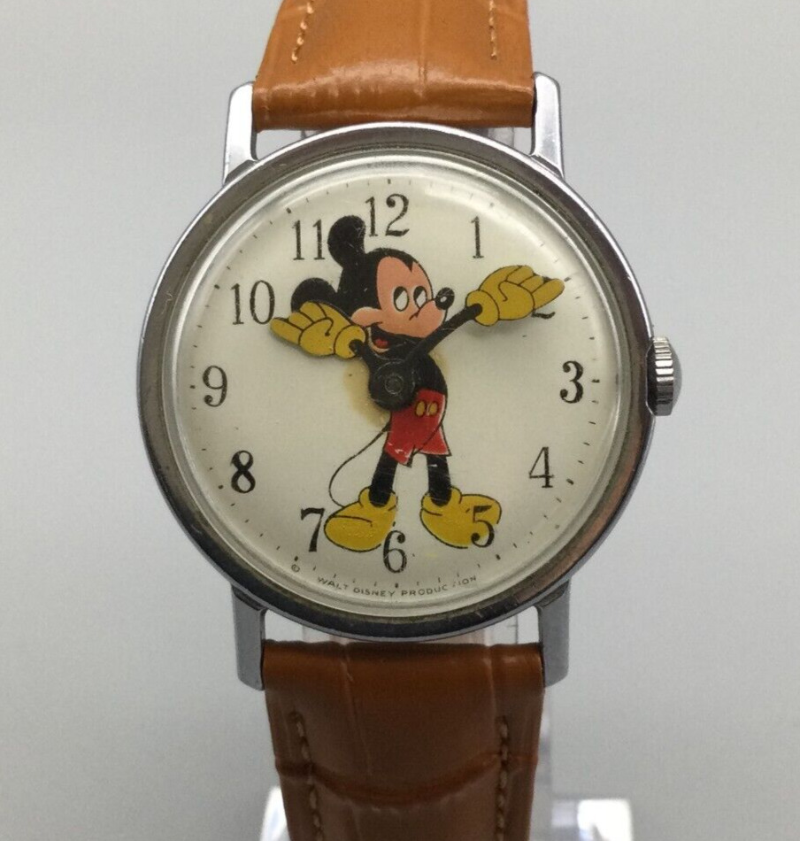Vintage Timex Disney Mickey Mouse Watch Men Silver Tone 33mm 1970's New Battery