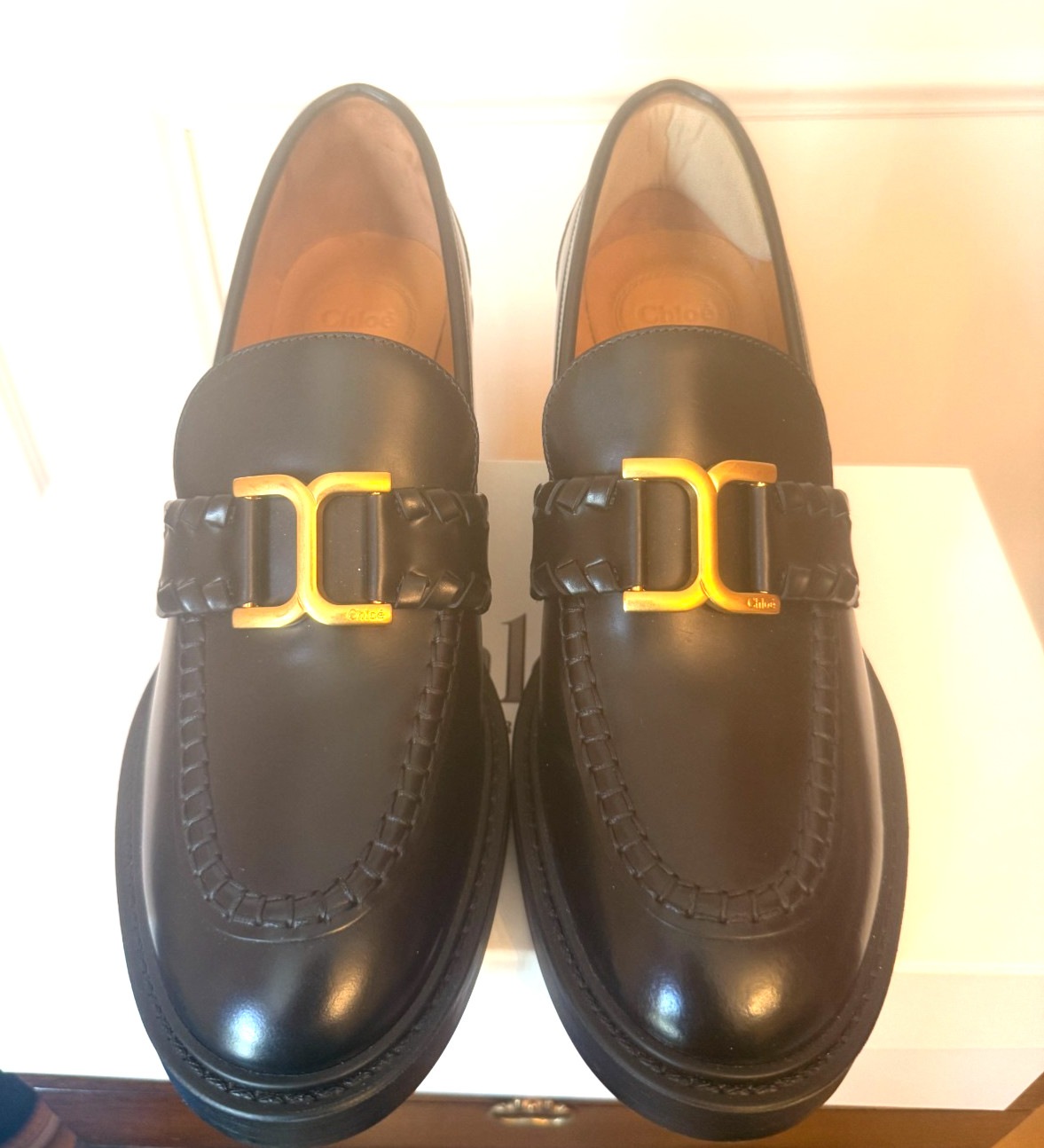 CHLOE NWOB Black Polished Leather MARCIE Loafers Block Heel Slip On Shoes 38.5