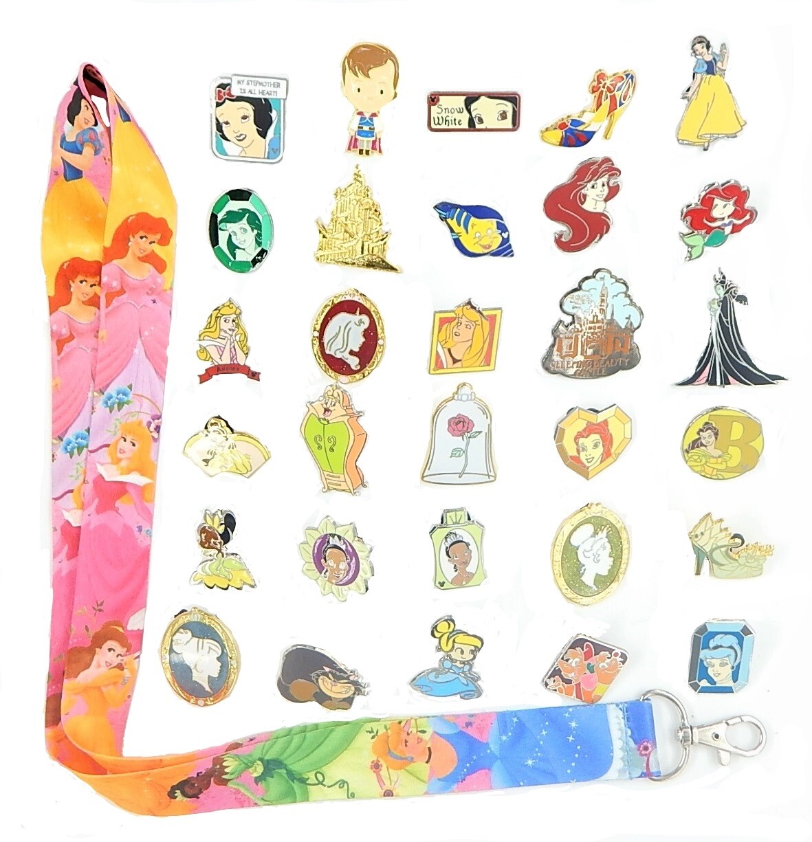 Princess Theme Starter Set With 10 Disney Park Trading Pins & Lanyard Brand New