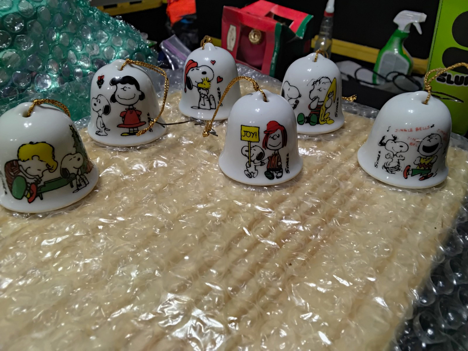 Vintage 1970s Peanuts Gang Porcelain Christmas Bell Ornaments - Set of 6