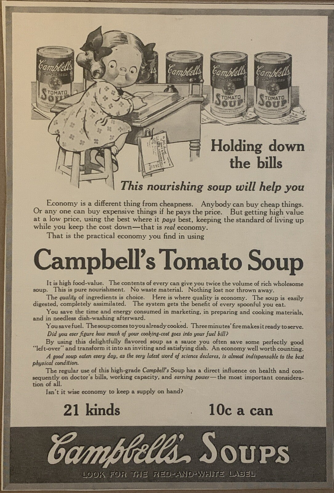 1916 Campbells Tomato Soup PRINT AD Economy Accountant Bills Kid Girl VTG 1910s