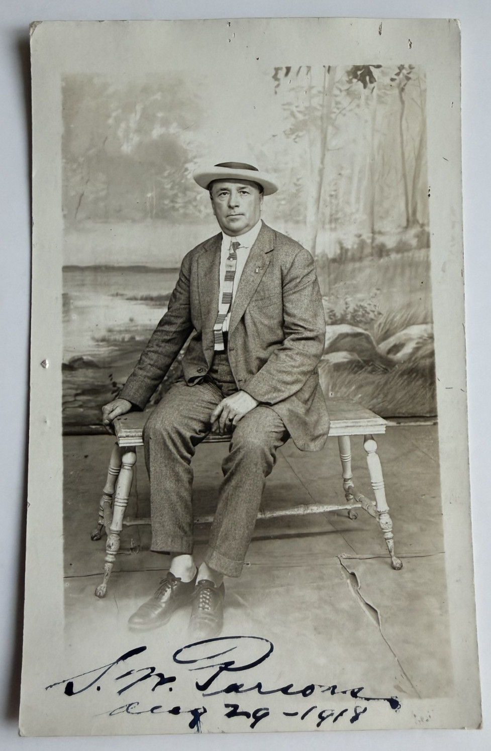 c1920s RPPC Studio Full Portrait Dapper Man Straw Boater Fashion Postcard