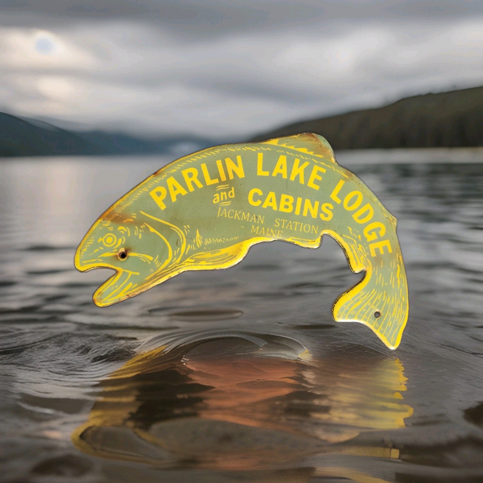 VINTAGE PARLIN LAKE CABINS PORCELAIN SIGN FISHING LODGE CAMPING MAINE GAS OIL 